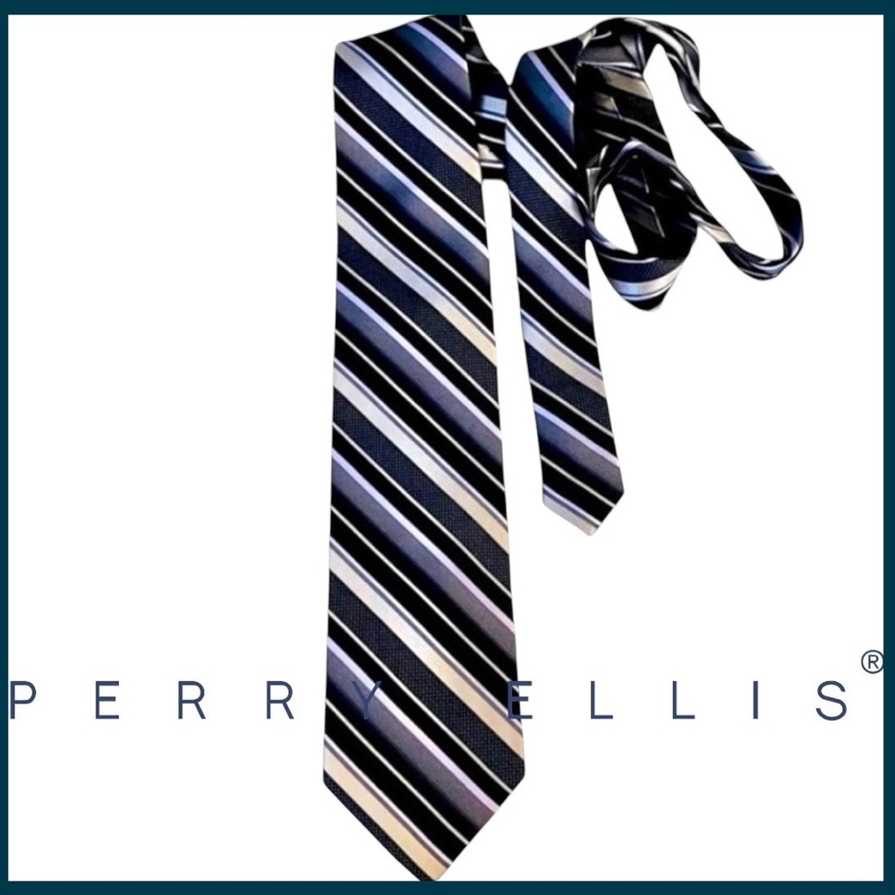 Perry Ellis Black/Grey/Purple Stripe Silk Necktie
